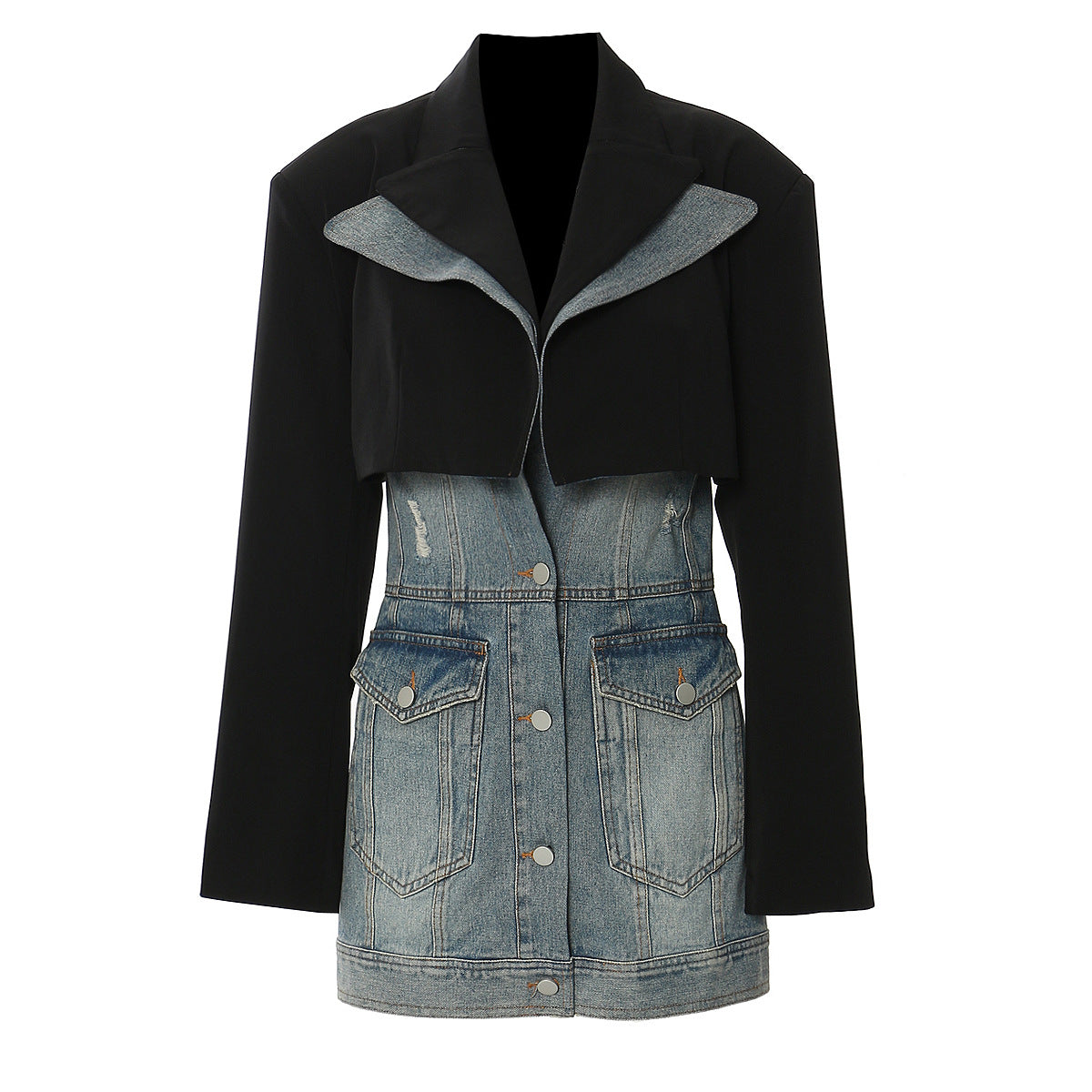 Personnalité couture Denim Faux deux pièces manteaux gilet ensemble femmes