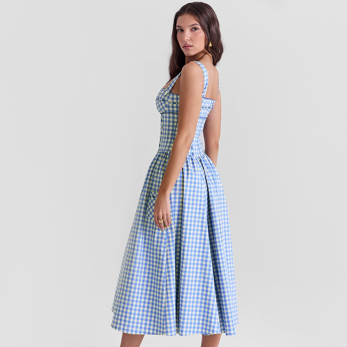 Robe d'été sexy à carreaux bleus mi-longue pour femme, vêtement pastoral, robe de vacances à haut sens, été