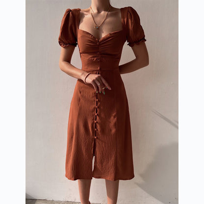 Robe midi élégante à simple boutonnage et col en V printemps été