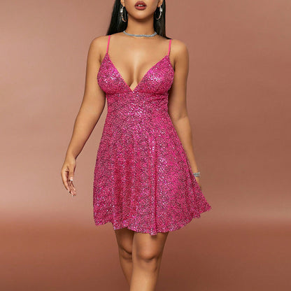 Summer Sexy Sweet Spicy Dress Sequin Stitching Deep V Plunge Suspender Dress