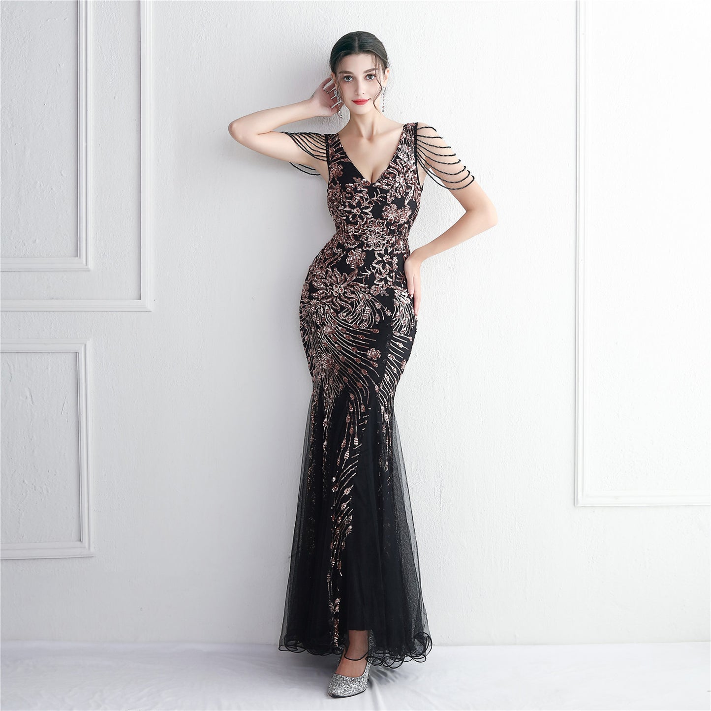 Sequin Mesh Craft Beaded Elegant Annual Meeting Long Fishtail Sequ Sexy Dress