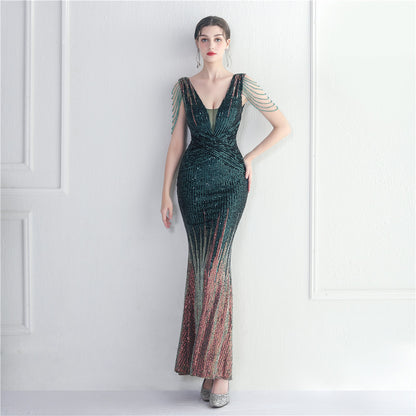 Craft Beaded Sequined Car Model Exhibition Host Dinner Women Long Evening Dress Fishtail Dress