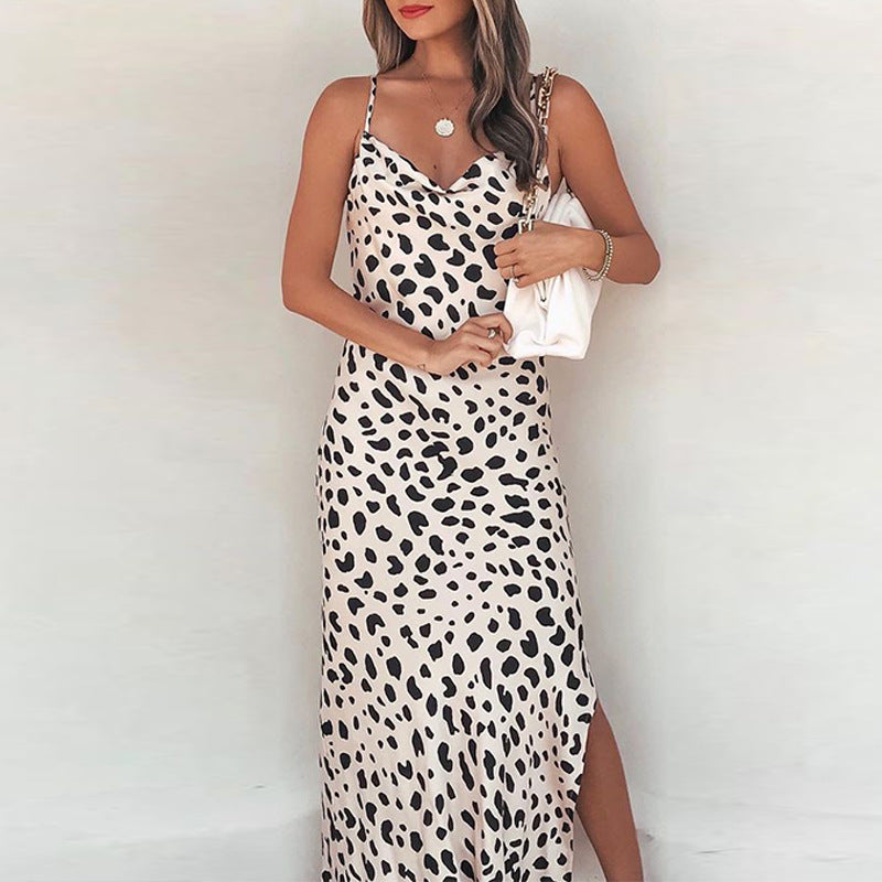 Ropa de mujer popular Vestido con estampado de leopardo y correa con abertura elegante y sexy de verano