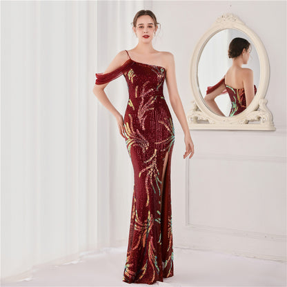 Robe de soirée longue et sexy à paillettes et perles pour femme