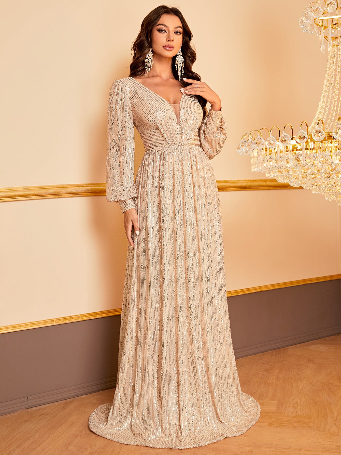 Robe à paillettes à manches longues et col en V, élégante et simple, robe de soirée cocktail