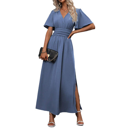 Elegant Elegant Deep V Plunge neck Slit on Both Sides Pleated Waist Tight Maxi Dress