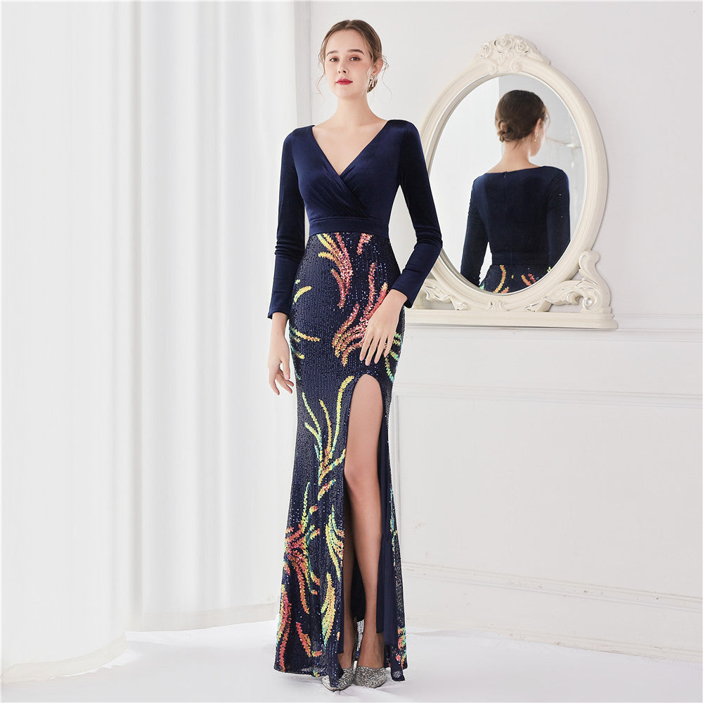 Robe de soirée en velours coréen à 10 paillettes à manches longues en queue de poisson pour femmes, haut de gamme, élégante, cocktail, réunion annuelle, roi