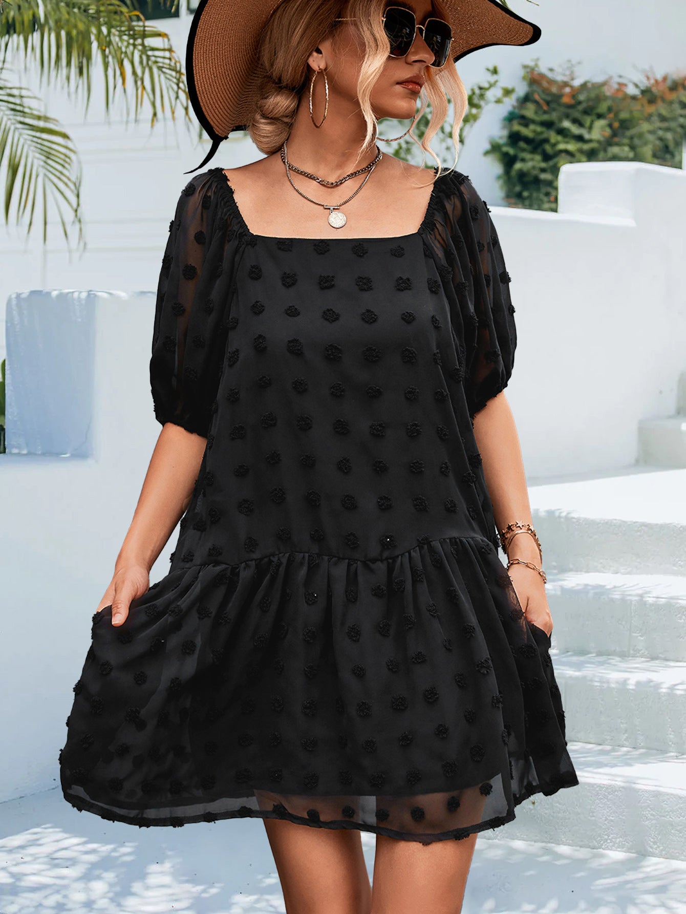 Spring Summer Popular Lantern Sleeve Jacquard Fur Ball Square Collar Pocket Dress