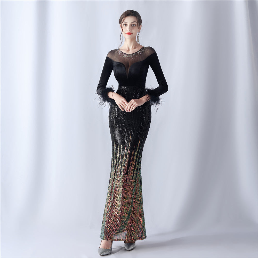 Gradient Bead Drilling Velvet High End Evening Dress