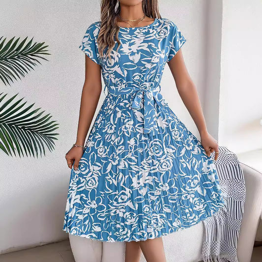 Robe plissée à fleurs élégante, manches courtes, grand ourlet, vêtements pour femmes, printemps été