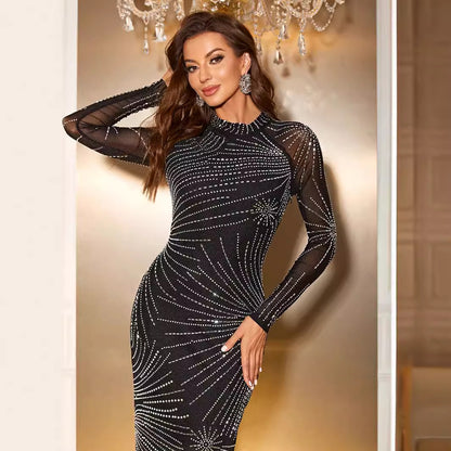 Vestido de fiesta de cuello alto y manga larga con diamantes de imitación, vestido midi elegante y ajustado