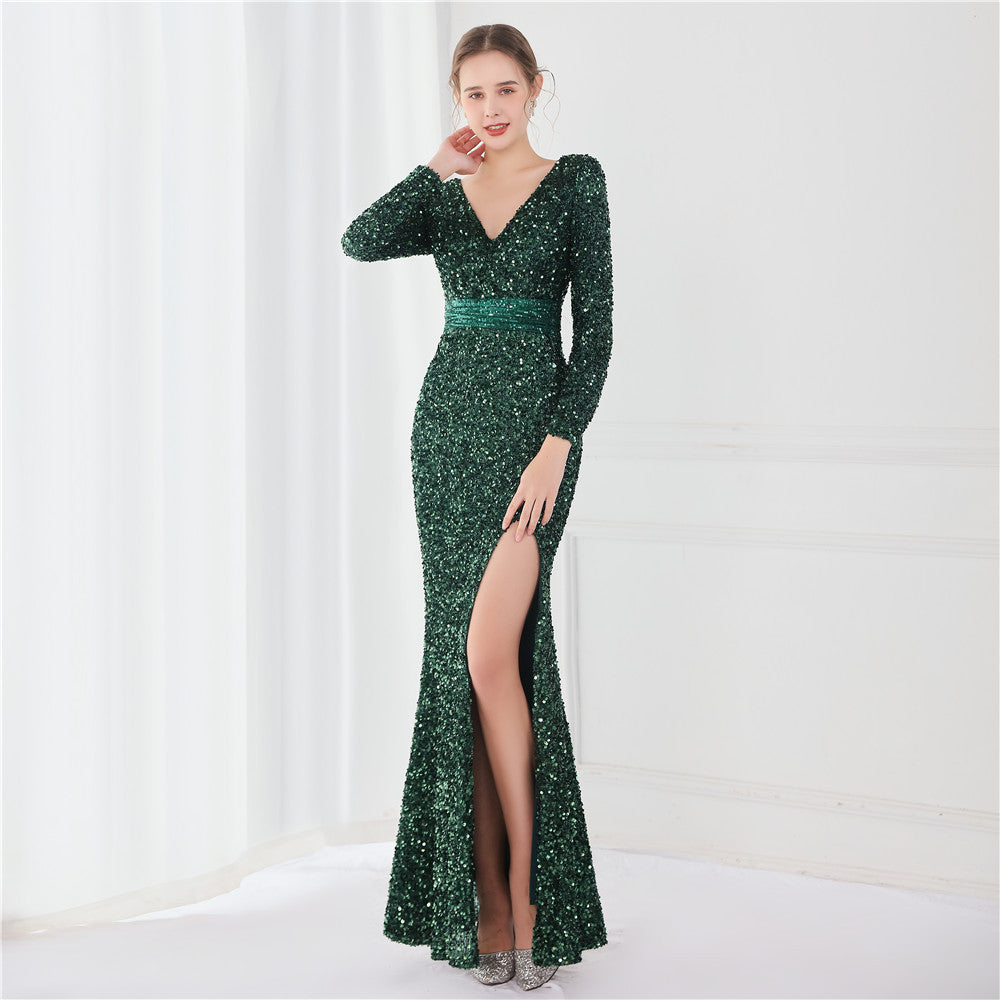 Cocktail Elegant Long Long Sleeve Sequined Atmosphere Queen Fishtail Evening Dress