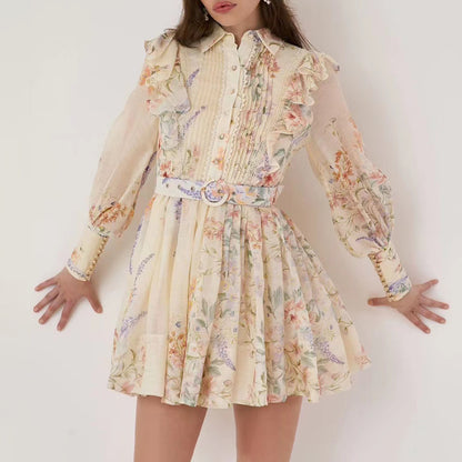 Vestido elegante clásico francés para mujer, vestido plisado con diseño floral pequeño y orejas de madera cosidas, vestido corto para mujer