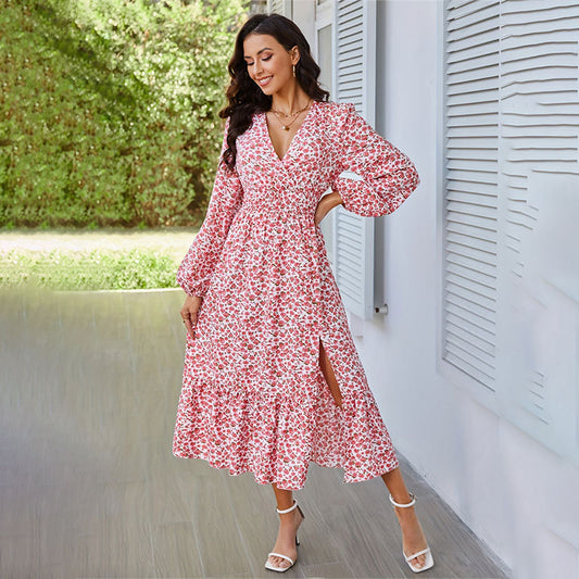 Women Elegant Office Small Floral Flounce Smocking Lantern Sleeve Long Sleeve Maxi Dress