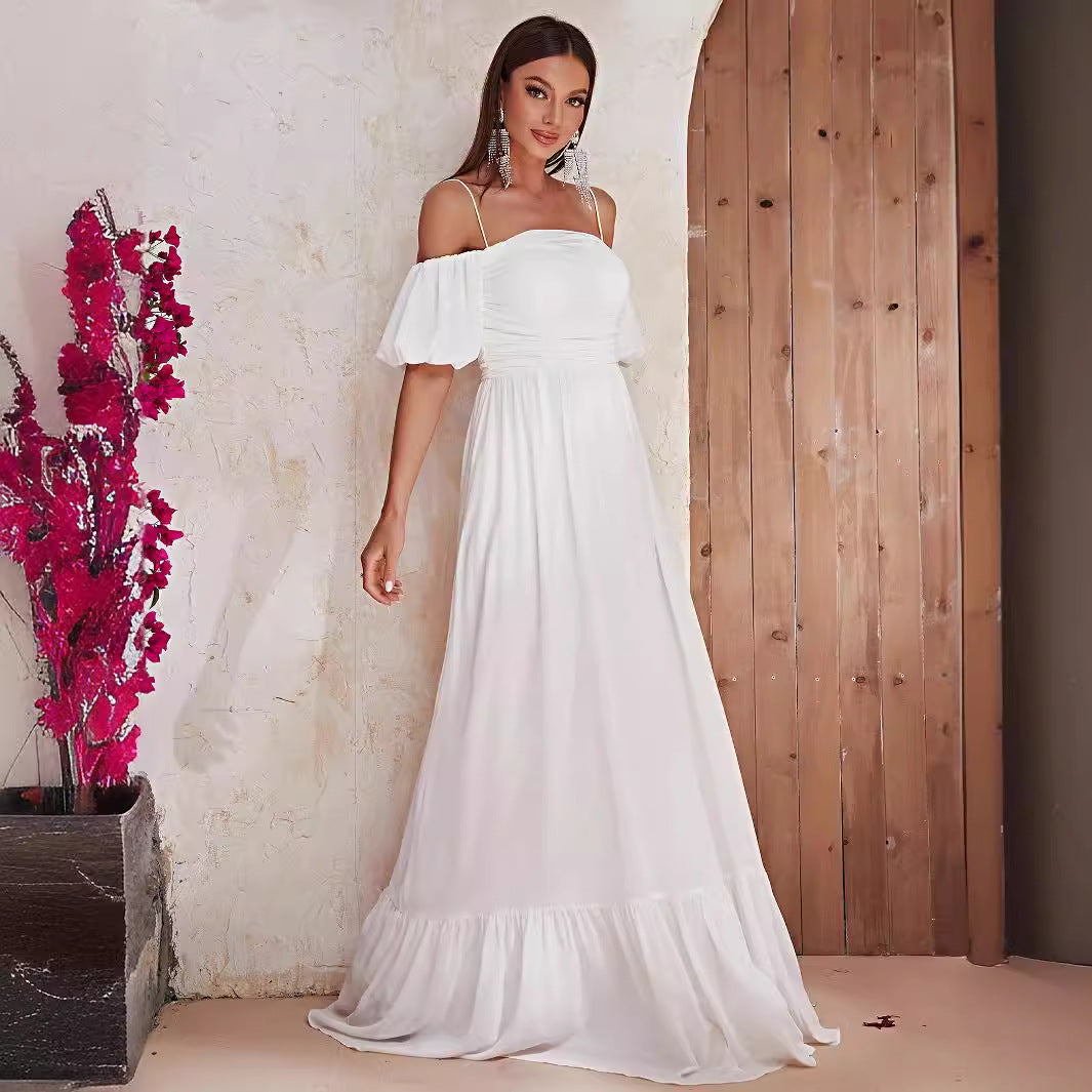 Robe Maxi blanche à épaules dénudées, manches courtes, robe de soirée de bal, longue, décontractée, vacances, été