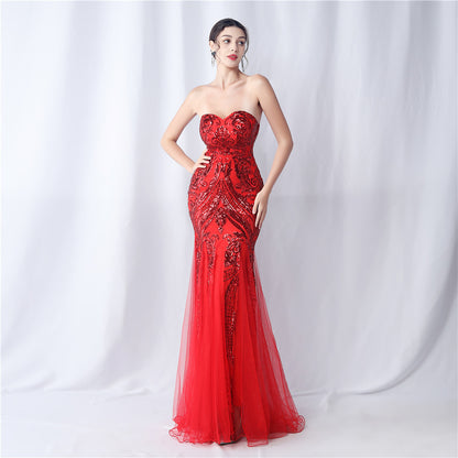 Floral Cutting Mesh Sequin Wedding Dinner Toast Annual Party Evening Dress