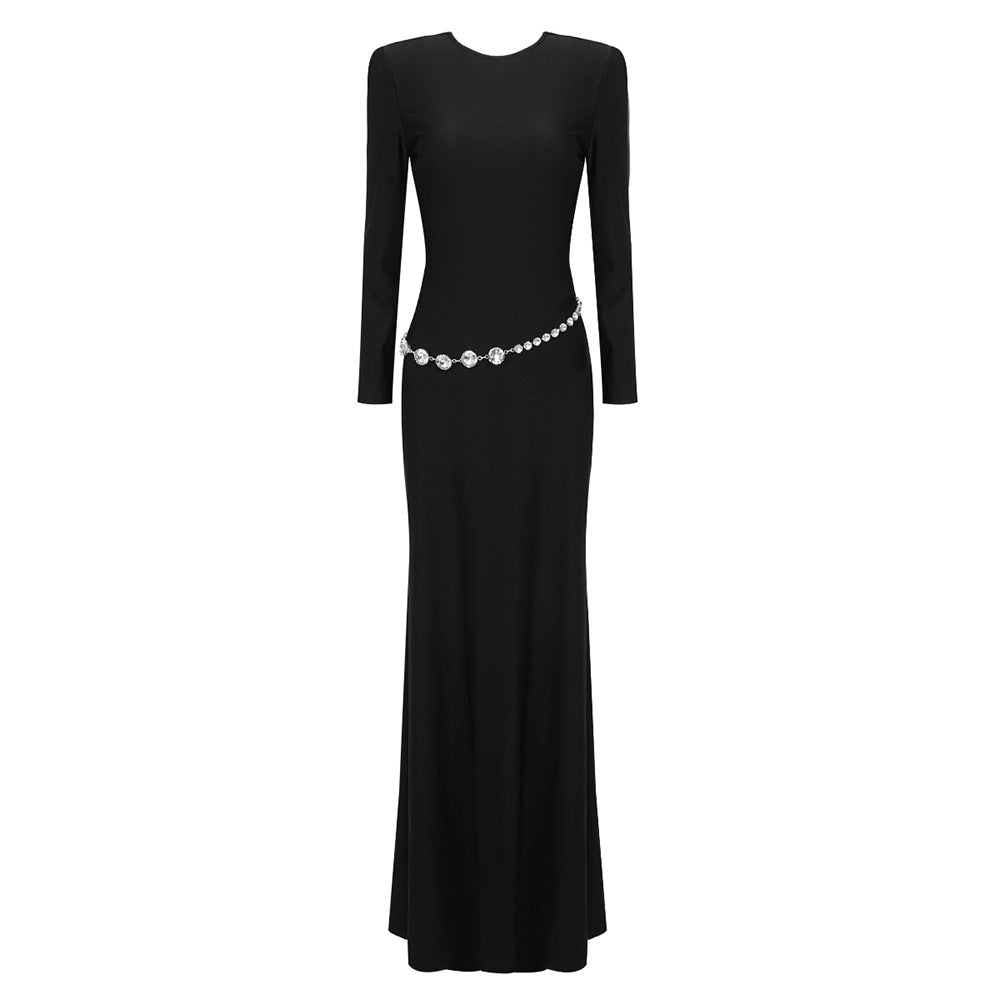 Backless Drill Chain Waist Decorations Maxi Dress Nylon High Elastic Dress Fall Winter Sexy Women Clothing