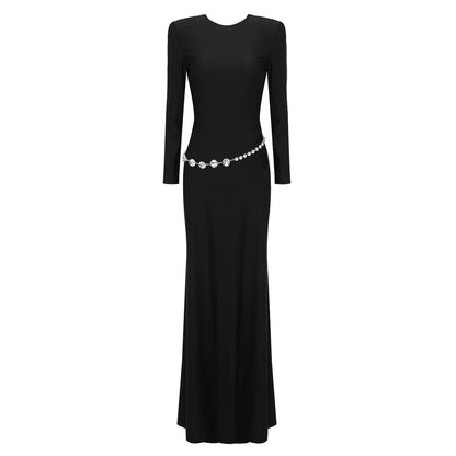 Backless Drill Chain Waist Decorations Maxi Dress Nylon High Elastic Dress Fall Winter Sexy Women Clothing