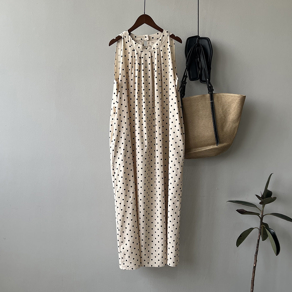 Polka Dot Sleeveless Dress Summer Korean round Neck A line Graceful Shift Dress