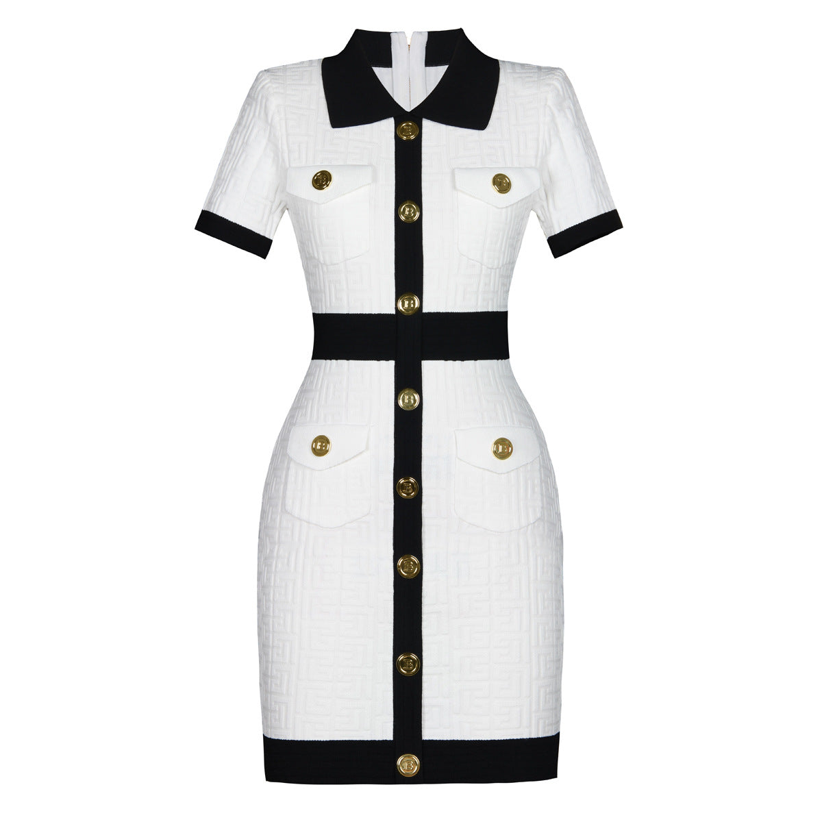 Summer Collared Dress Swastika Pattern Cinched Slimming Short Sleeves Knitted Dress Women