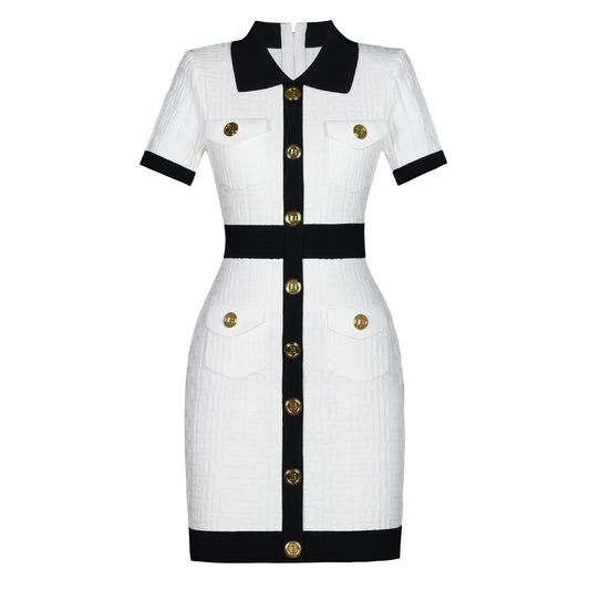 Summer Collared Dress Swastika Pattern Cinched Slimming Short Sleeves Knitted Dress Women