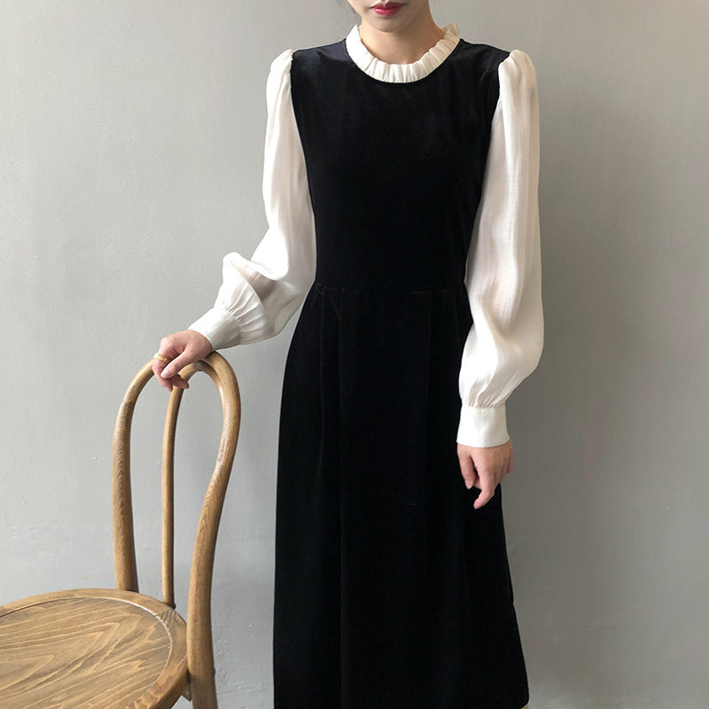 Women Round Neck Stitching Contrasting Color Dress Women Autumn Hepburn Dress