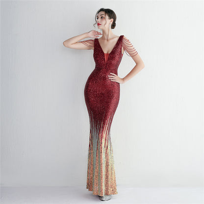 Vertical Stripes Gradient Sequin Party Dress Long Cocktail Slim Fit Evening Dress Elegant Cool Clothing