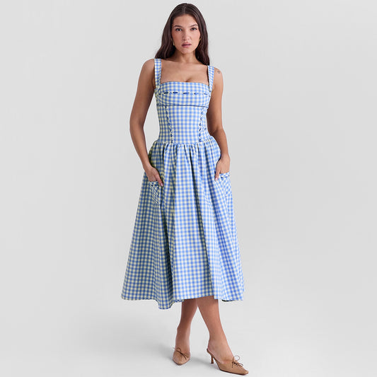 Sexy Women Clothing Summer Pastoral Mid Length Blue Plaid Sling Dress Summer Women High Sense Vacation Dress