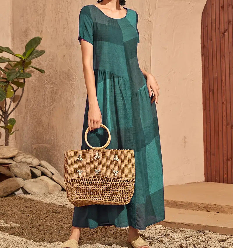 Robe Maxi d'été Vintage, taille ample, poches, décontractée, imprimé à carreaux, coutures, vêtements pour femmes