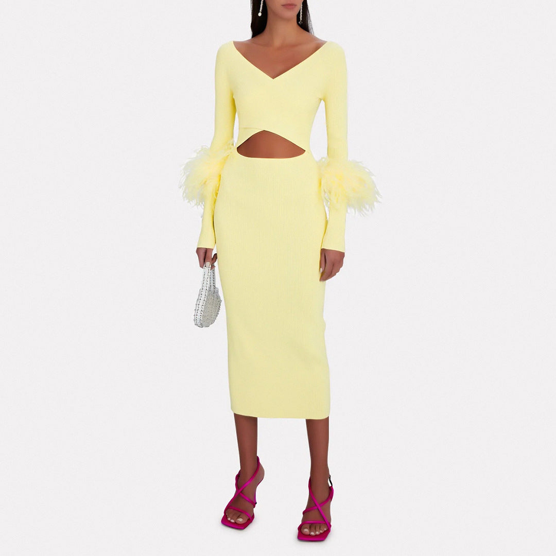 French Yellow Long Sleeve Stretch Feather Cuff Bandage One Piece Dress Spring Long Dress Women