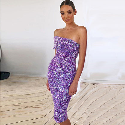 Vestido morado sexy de primavera con hombros descubiertos y tubo para fiesta de cóctel o noche