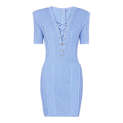 Summer Online Celebrity Lady V Neck Drawstring Cinched Slimming Short Sleeves Knitted Dress