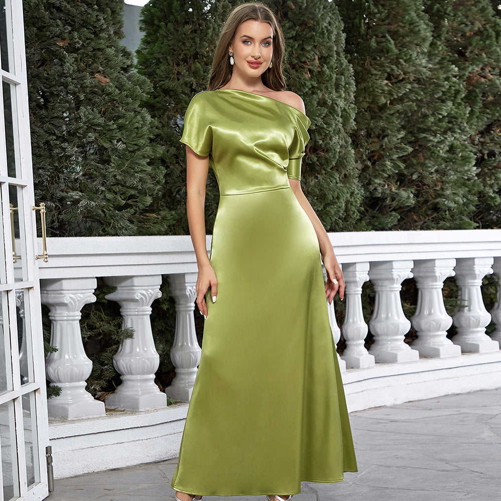 Dress Simple Sexy Oblique Shoulder Long Slim Dinner Dress Women