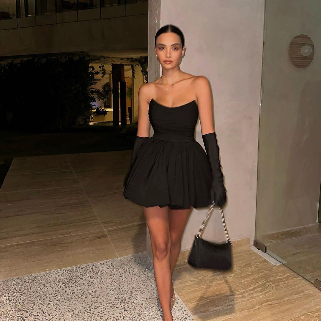 Robe Tube Top Courte Hepburn Plissée Robe Noire Robe trapèze