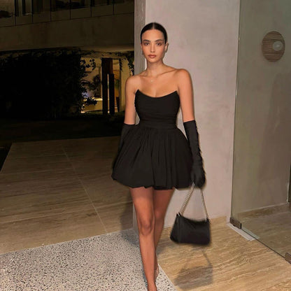 Robe Tube Top Courte Hepburn Plissée Robe Noire Robe trapèze