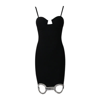 Women Sexy Sling Bandage Dress Diamond Studded Cutout Socialite Slim Fit Hip Wrapped Dress