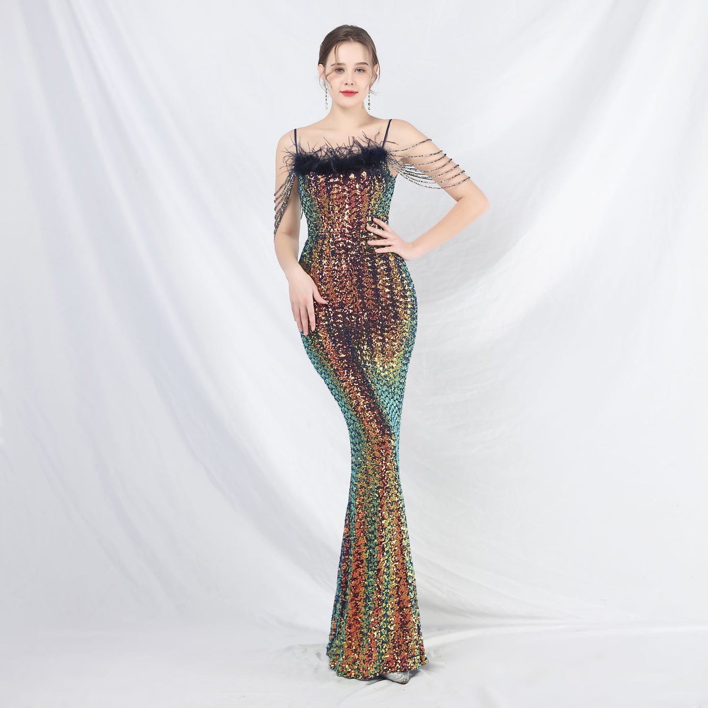 Beaded Ostrich Feather Colorful Sequin Long Evening Dress