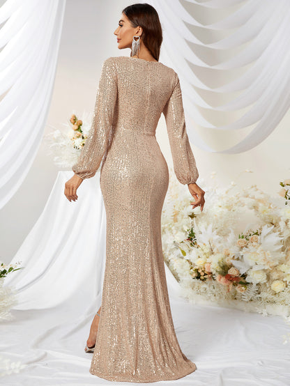 Robe longue de soirée à paillettes, col en V, manches longues, fente haute, coupe slim, queue de poisson