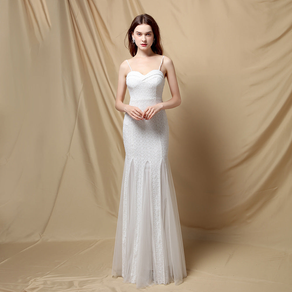 Robe de mariée longue à bretelles pour femme, coupe ajustée, en queue de poisson