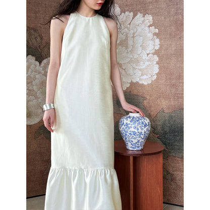 High Grade French Sleeveless Vest Dress Imitation Satin Halter Fishtail Dress