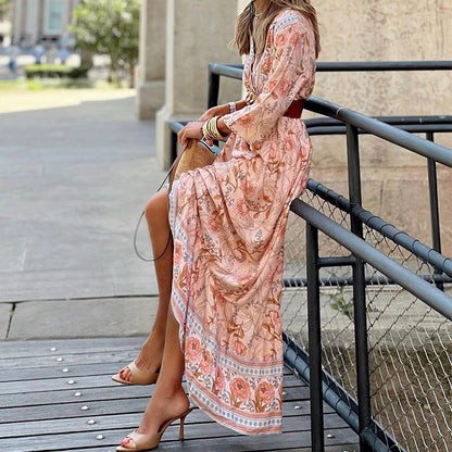 Autumn Women Casual Bohemian Midi Printed Dress