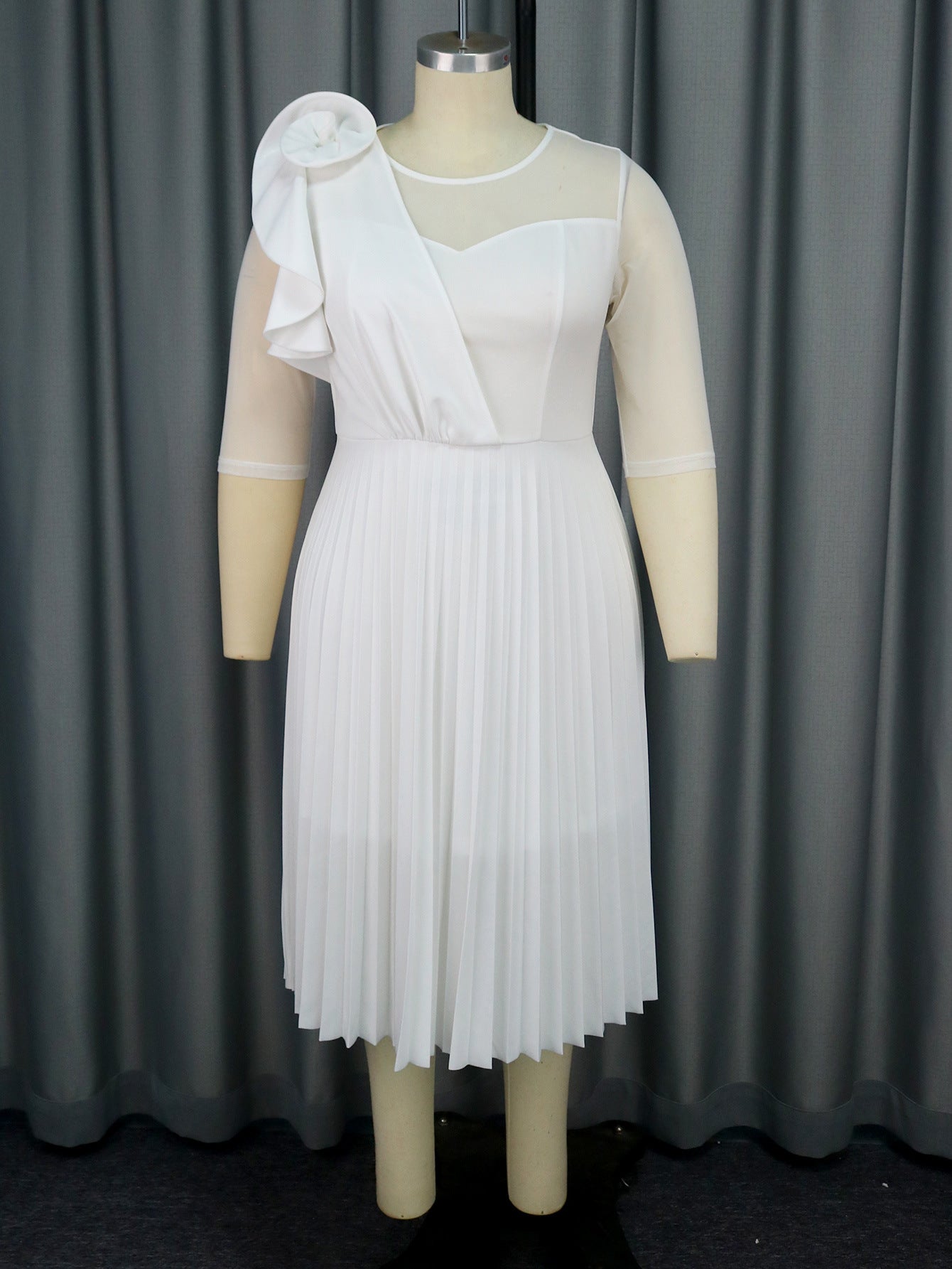 Elegant Pure White See through Sleeve Pleated Dress Party Cocktail Dress