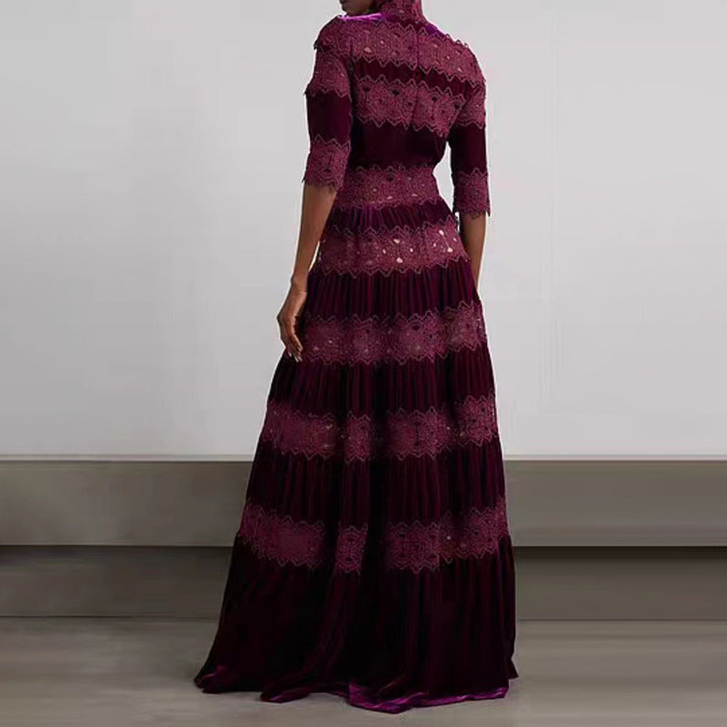 Fall French Retro Machine Embroidery Turtleneck Waist Slimming Maxi Dress Women Evening Dress