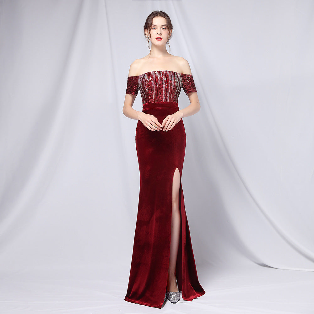 Velvet Gradient Sequin off-Shoulder Banquet Evening Dress Dress Company Annual Meeting Female Sexy Long Slit Formal Gown