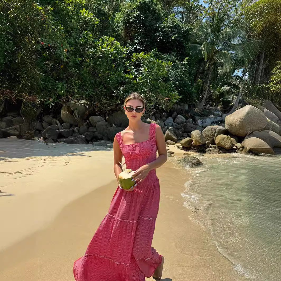 Robe de plage d'été amincissante à col carré français rétro à carreaux pour vacances, avec cordon de serrage et volants à la taille