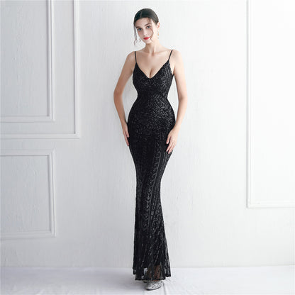 Positioning Floral Sling Party Sequined Dress Long Cocktail Slim Fit Evening Dress Fishtail Dress