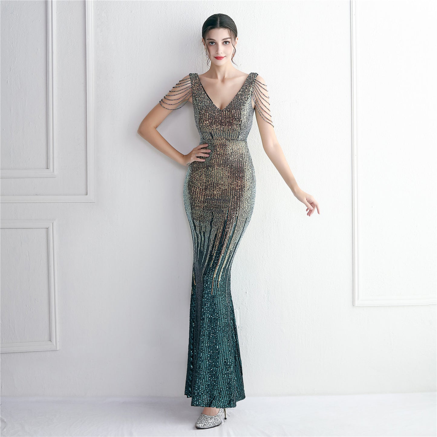 Mixed Color Sequin Craft Beaded Party Dress Long Cocktail Slim Fit Evening Dress Elegant Long