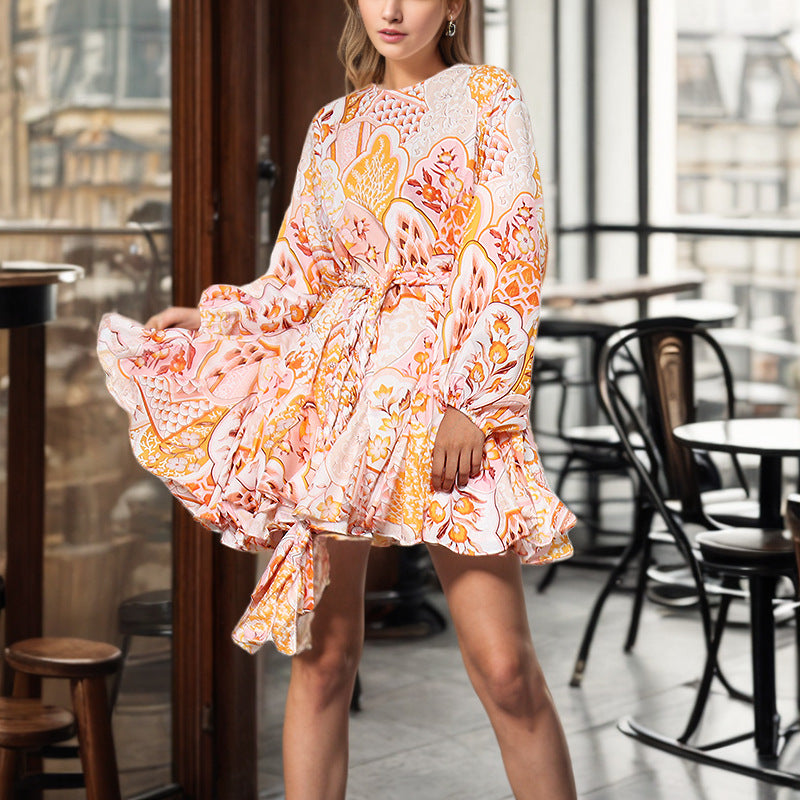 Spring French Vintage Print Lace up Waist Controlled Slimming Long Sleeve Dress Women A line Short Dress