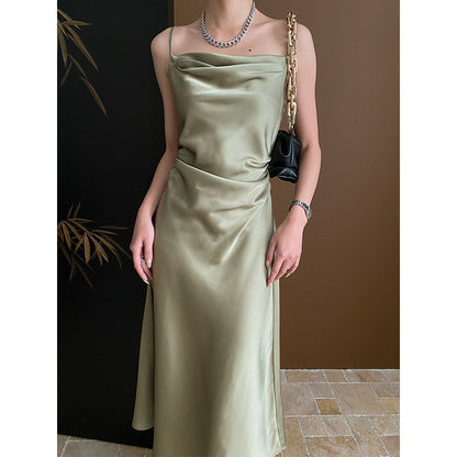 French Entry Lux High Grade Satin Waist Slimming Sling Dress Early Spring