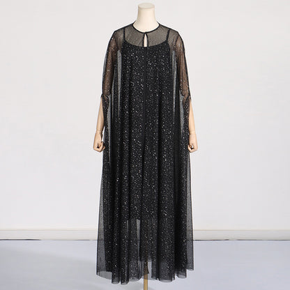 Summer Cape Sequin Gauze Stitching Long Sling Two Piece Dress Women